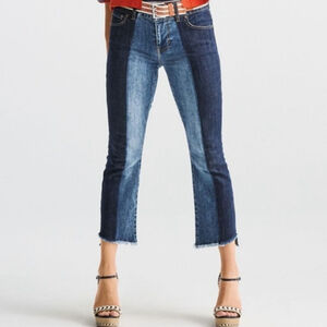 Cabi 4 Hi Low Crop Jeans Two Tone Frayed Hem Kick Flare Cropped Medium Blue Wash